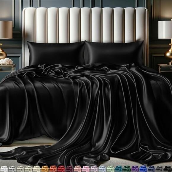 Satin Sheets Queen Size Set 4 Pcs - Silky & Luxuriously Soft Satin Bed Sheets - Picture 7 of 7